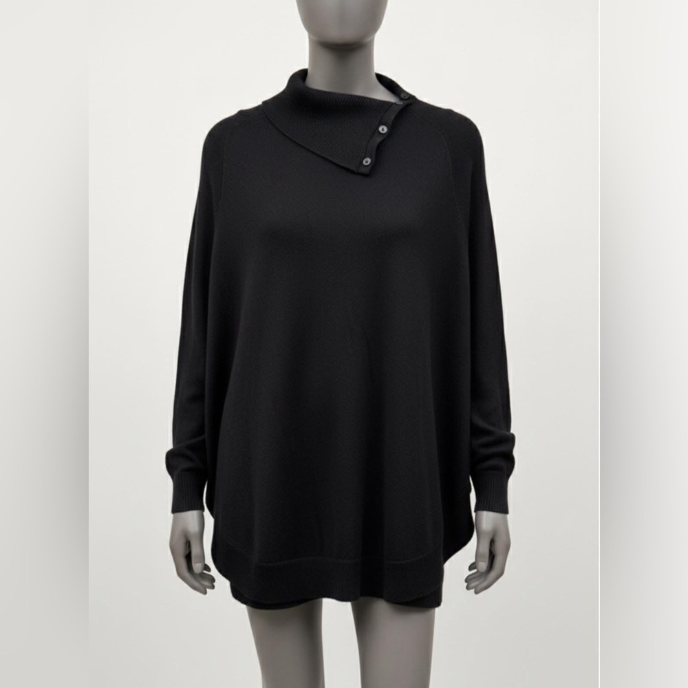 Talbots outlet L/XL wool blend Black sweater cape Funnel button poncho